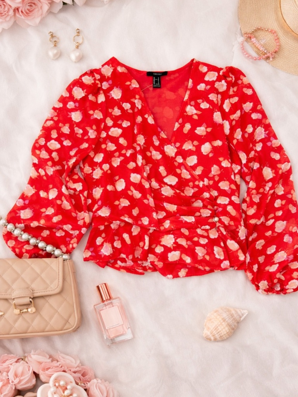 Forever 21 Red Floral Wrap Blouse with Covered Buttons Closure